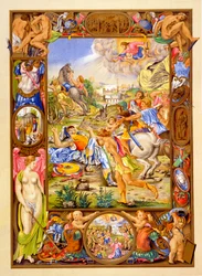 Facsímil de una ilustración manuscrita de la Conversión de San Pablo de los Comentarios sobre las Epístolas de San Pablo a los Romanos, publicado por primera vez en el siglo XV